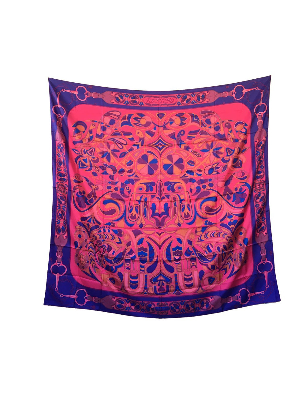 HERMES "Folklore" shawl in mulitcolored silk twill