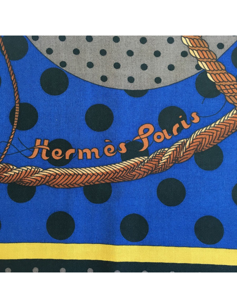 HERMES  "Clic Clac à pois" shawl in black, brown and indigo xashmere and silk