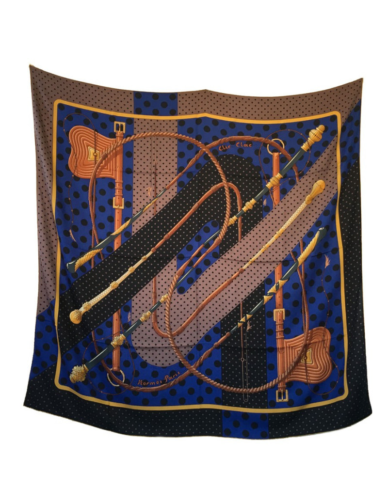 HERMES  "Clic Clac à pois" shawl in black, brown and indigo xashmere and silk