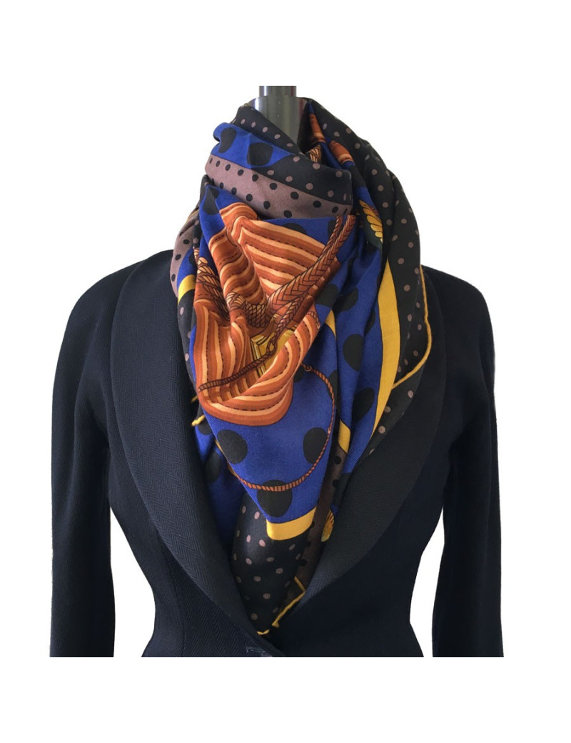 HERMES  "Clic Clac à pois" shawl in black, brown and indigo xashmere and silk