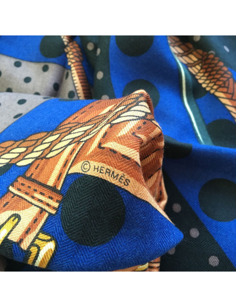 HERMES  "Clic Clac à pois" shawl in black, brown and indigo xashmere and silk
