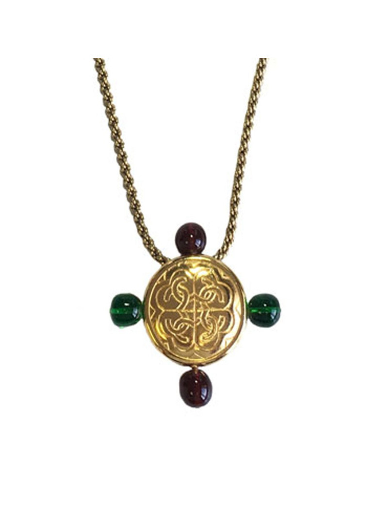 Sautoir CHANEL Vintage 80 ' en métal doré et résine verte et bordeaux