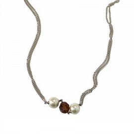 Sautoir MARGUERITE DE VALOIS 2 chaînes argentées, perles nacrées et perles facettées
