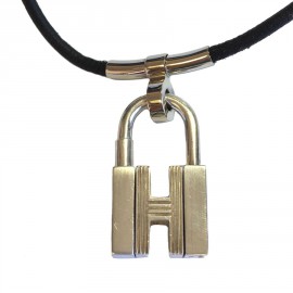 HERMES black leather link and padlock silver necklace