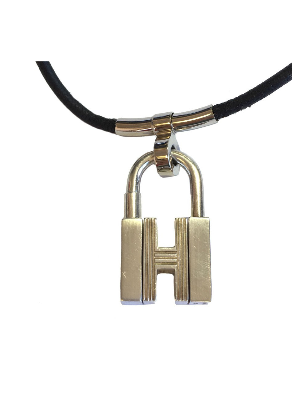 Collier HERMES lien en cuir noir et cadenas en argent