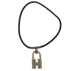 HERMES black leather link and padlock silver necklace