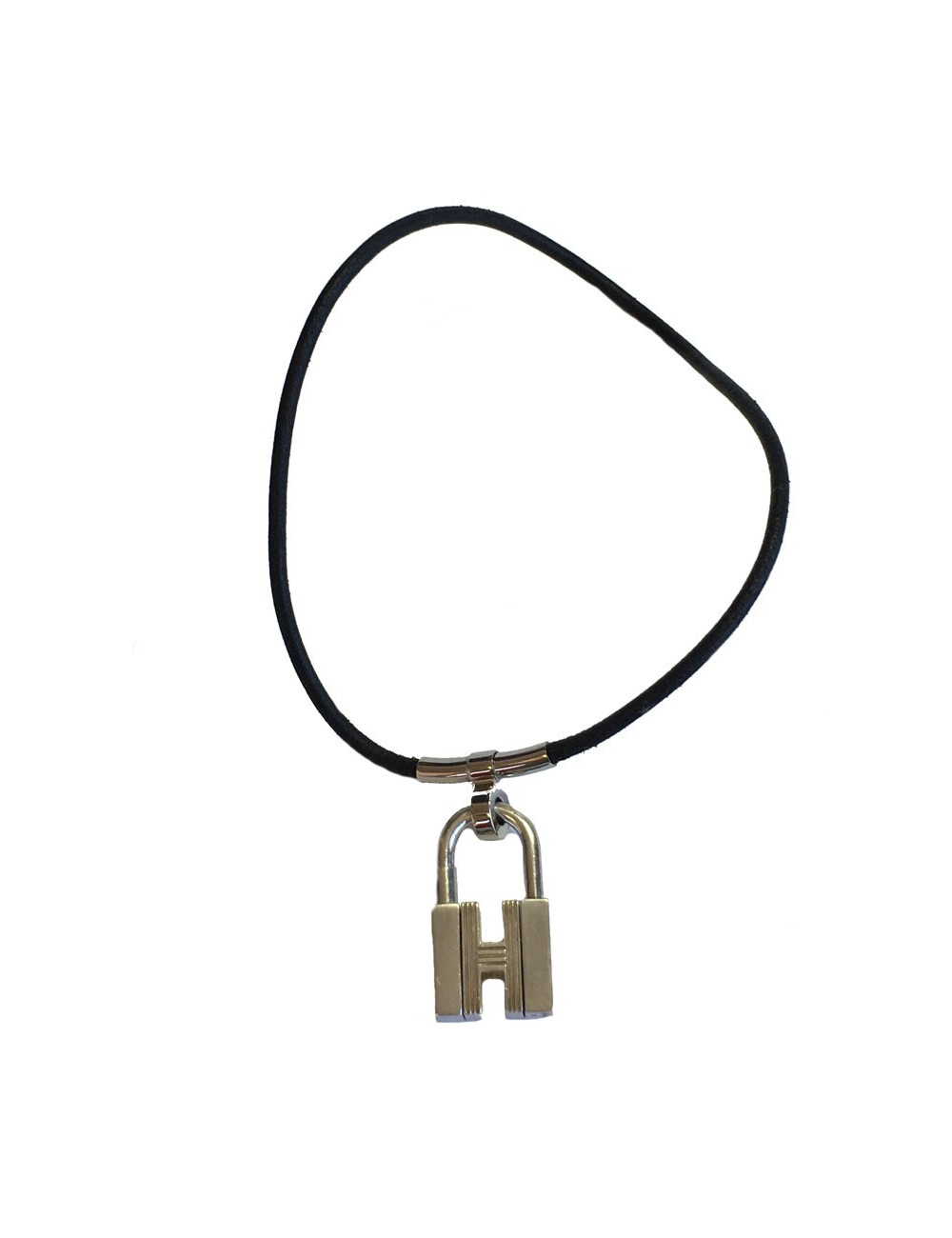 HERMES black leather link and padlock silver necklace
