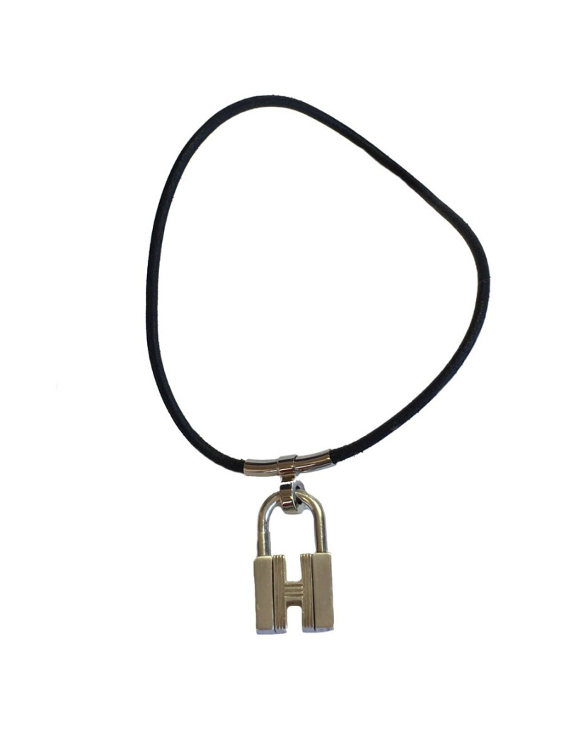 Collier HERMES lien en cuir noir et cadenas en argent