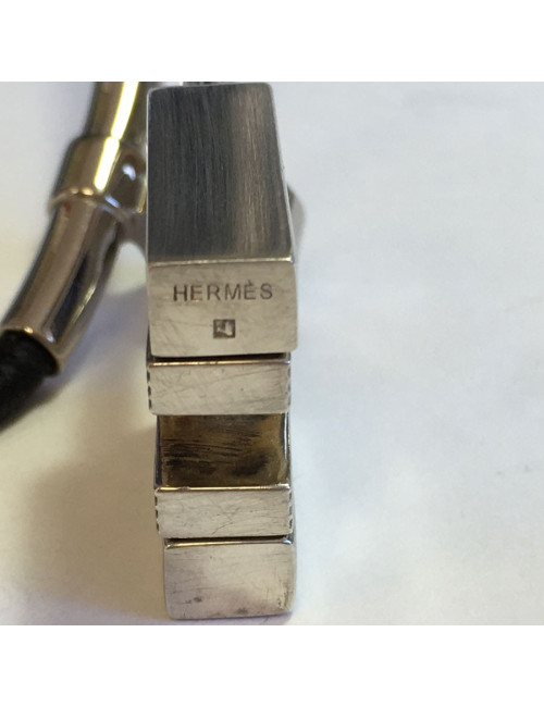 Collier HERMES lien en cuir noir et cadenas en argent