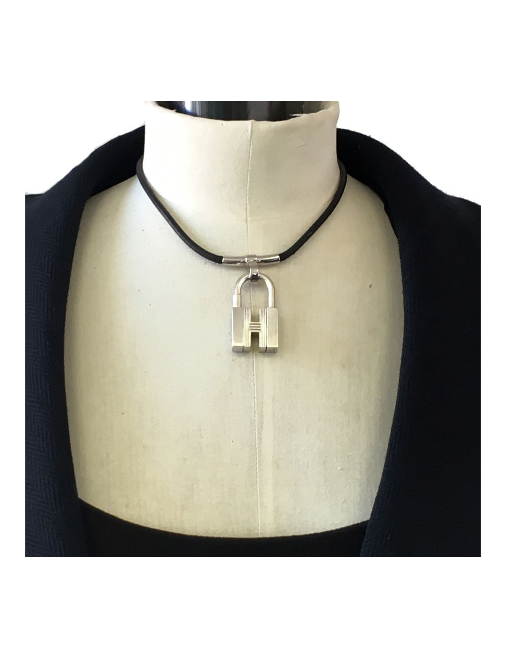 HERMES black leather link and padlock silver necklace