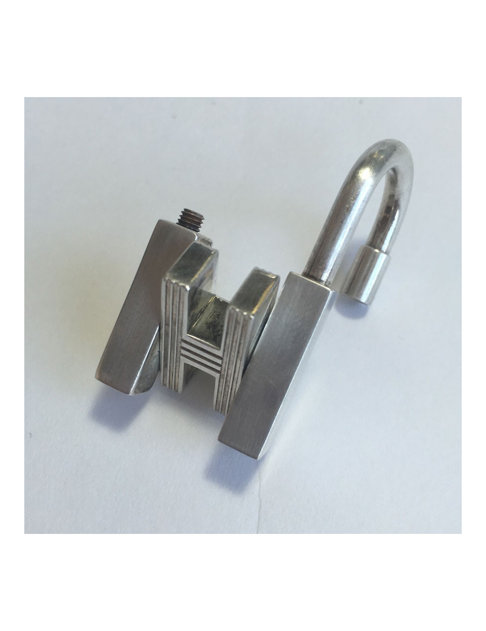 HERMES black leather link and padlock silver necklace