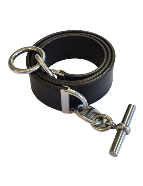 Ceinture HERMES en cuir lisse chocolat et fermoir en T argenté