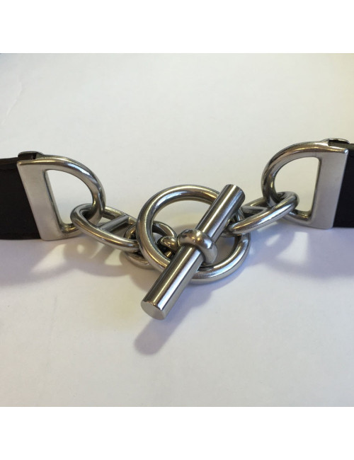 Ceinture HERMES en cuir lisse chocolat et fermoir en T argenté