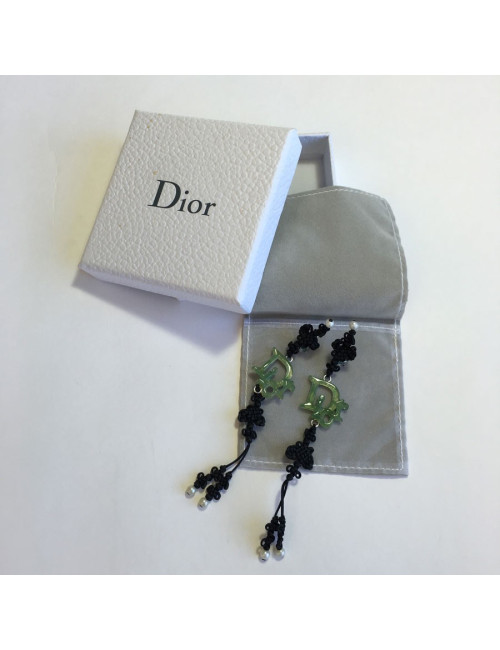 Collector DIOR clip-on earrings in fine black cord and DIOR in silver plated metal and green resin