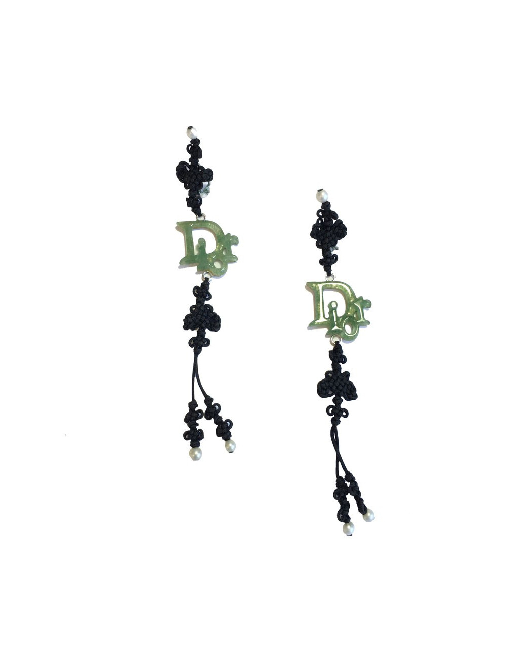 Collector DIOR clip-on earrings in fine black cord and DIOR in silver plated metal and green resin