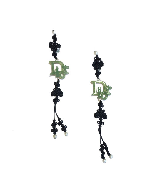 Collector DIOR clip-on earrings in fine black cord and DIOR in silver plated metal and green resin