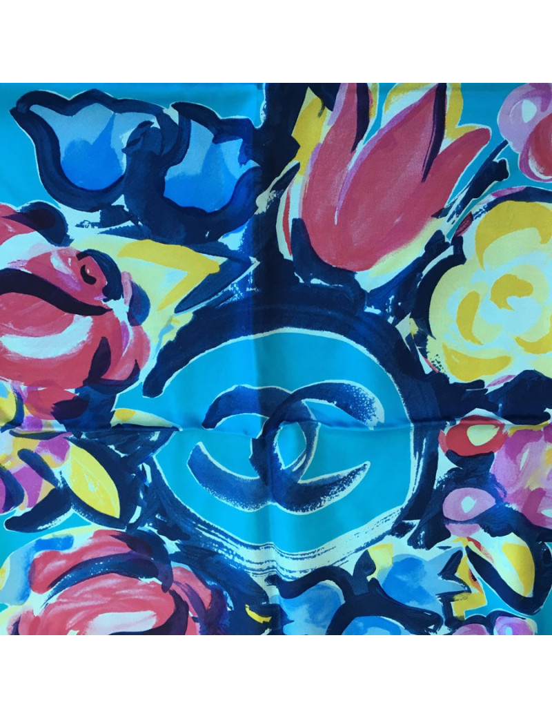 xxx Foulard CHANEL "Cote d'azur" en soie bleue