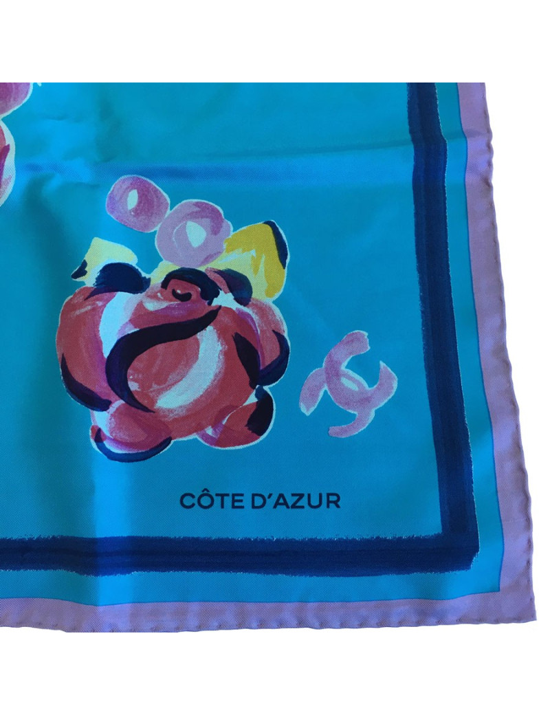 xxx Foulard CHANEL "Cote d'azur" en soie bleue