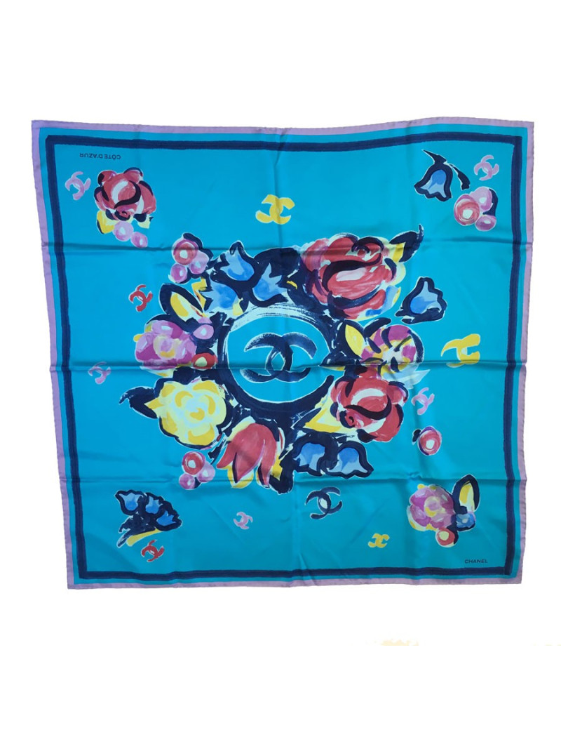 xxx Foulard CHANEL "Cote d'azur" en soie bleue