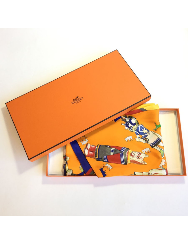 Maxi twilly HERMES en soie orange, jaune et rouge
