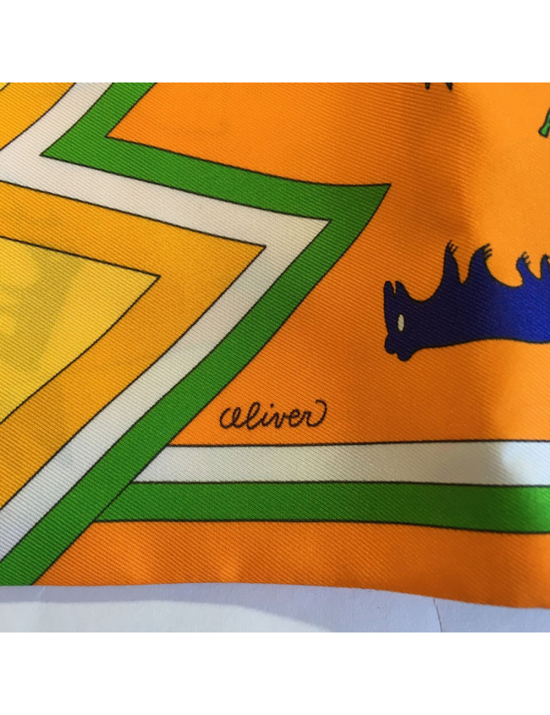 Maxi twilly HERMES en soie orange, jaune et rouge