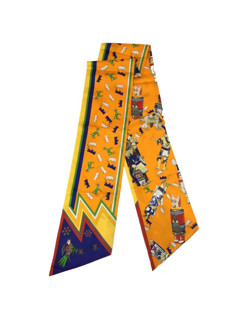 Maxi twilly HERMES en soie orange, jaune et rouge