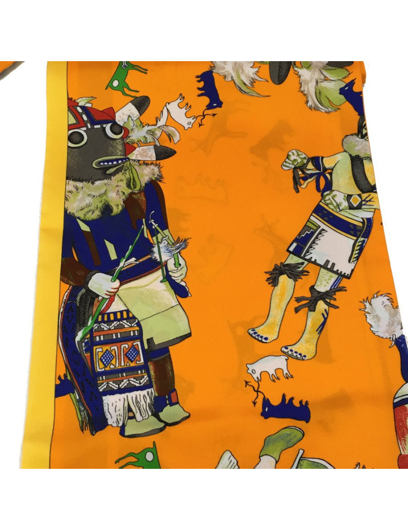 Maxi twilly HERMES en soie orange, jaune et rouge