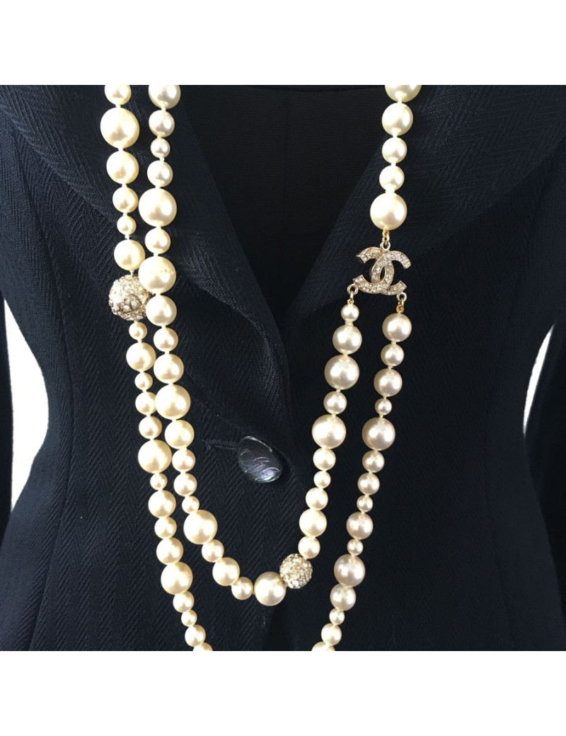 Sautoir CHANEL double en perles et strass