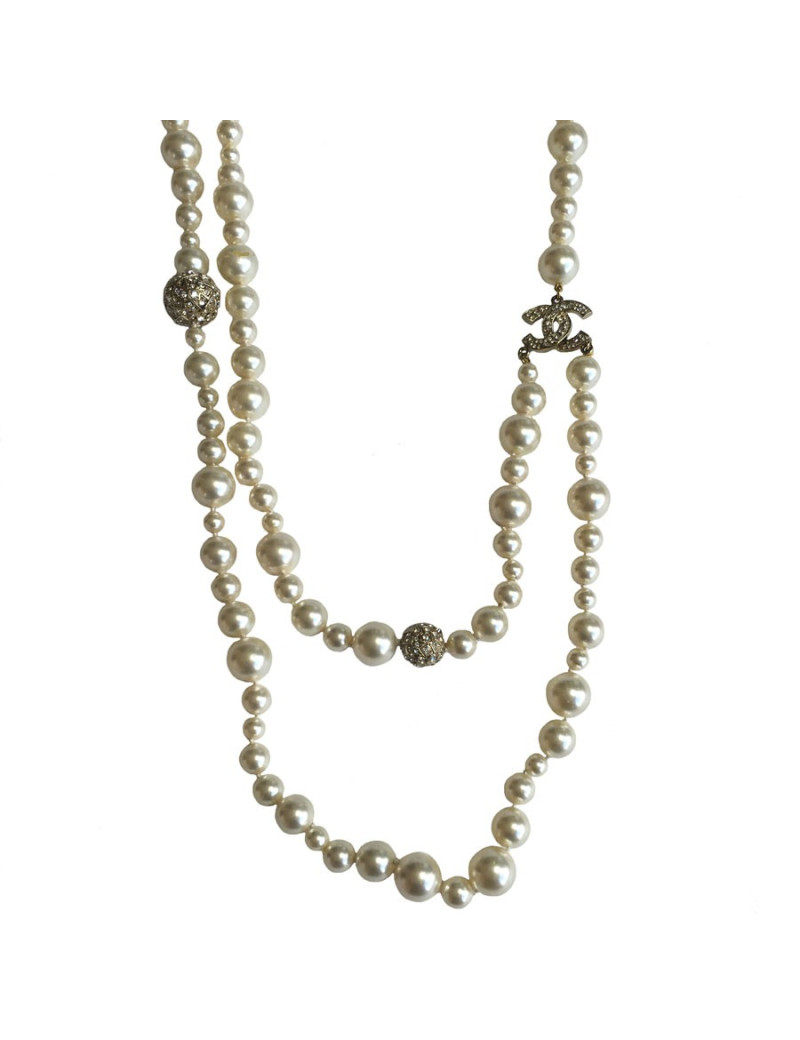 Sautoir CHANEL double en perles et strass