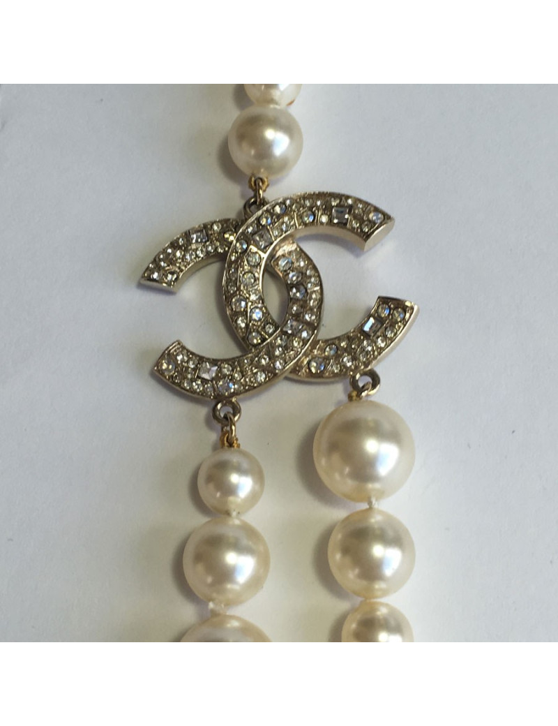 Sautoir CHANEL double en perles et strass