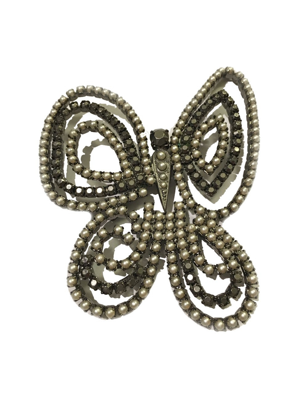 Grande broche DIOR papillon en ruthénium et perles nacrées grises