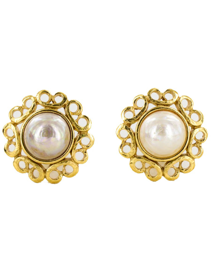 Boucles d'oreille clips YVES SAINT LAURENT YSL perle nacrée et dorées