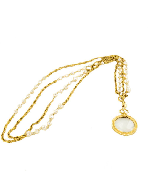 Sautoir double CHANEL chaines et perles et loupe Vintage