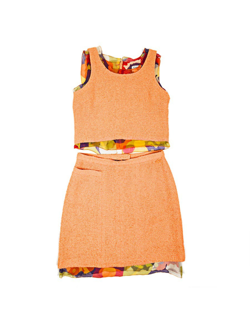Ensemble CHANEL T 38 top et jupe corail