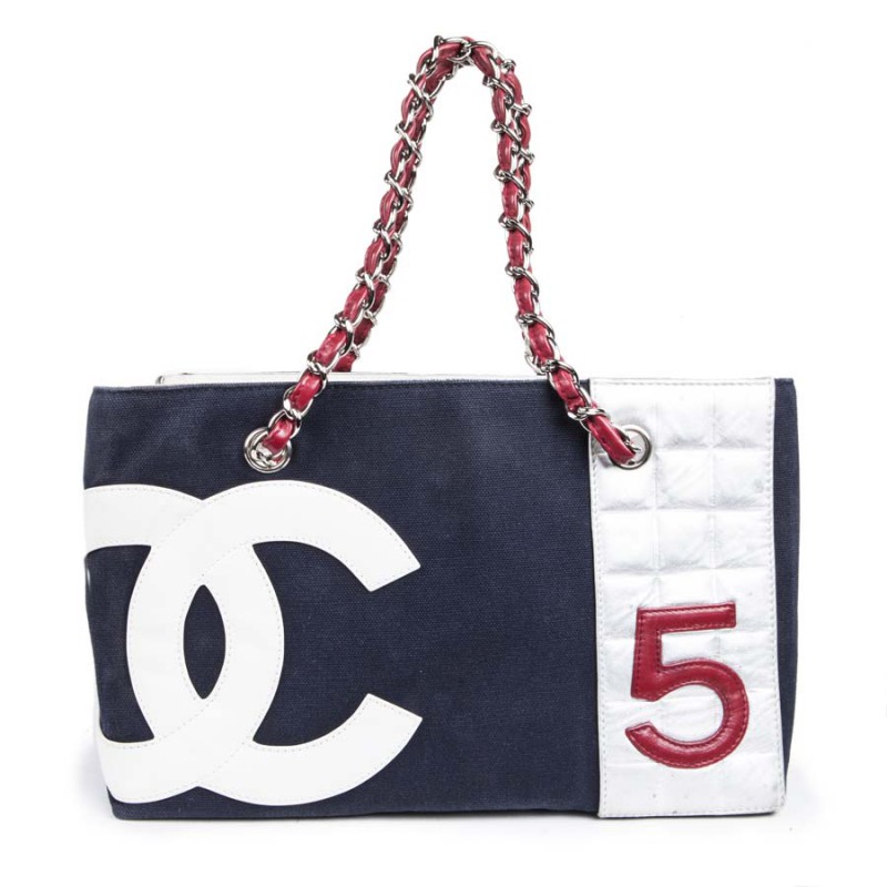 CHANEL bag '5' in navy blue canvas and quilted silver leather - VALOIS  VINTAGE PARIS