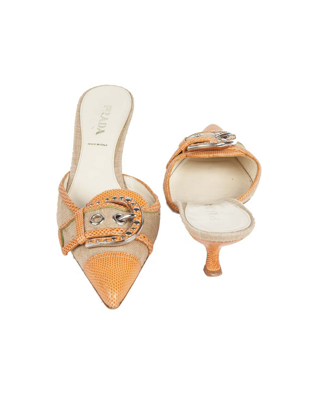 Mules PRADA T 39.5 toile et serpent