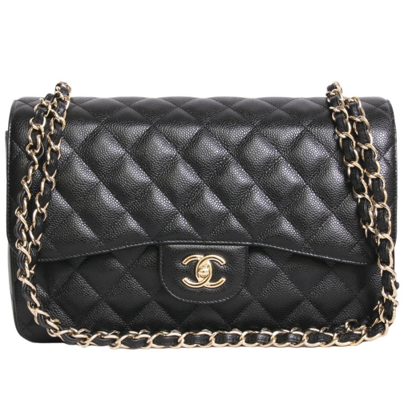 Golden black caviar leather Jumbo CHANEL bag - VALOIS VINTAGE PARIS