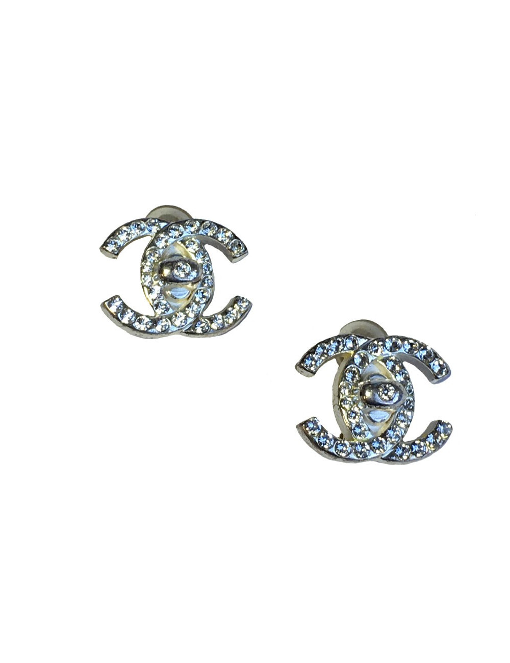 Boucles d'oreille clips CHANEL CC en métal argenté et brillants