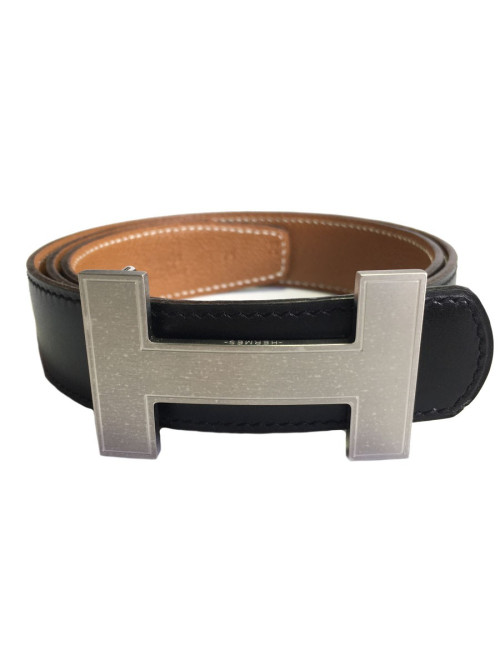 Ceinture HERMES T 75 réversible en cuir box noir et cuir grainé gold