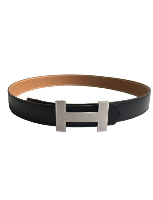 Ceinture HERMES T 75 réversible en cuir box noir et cuir grainé gold
