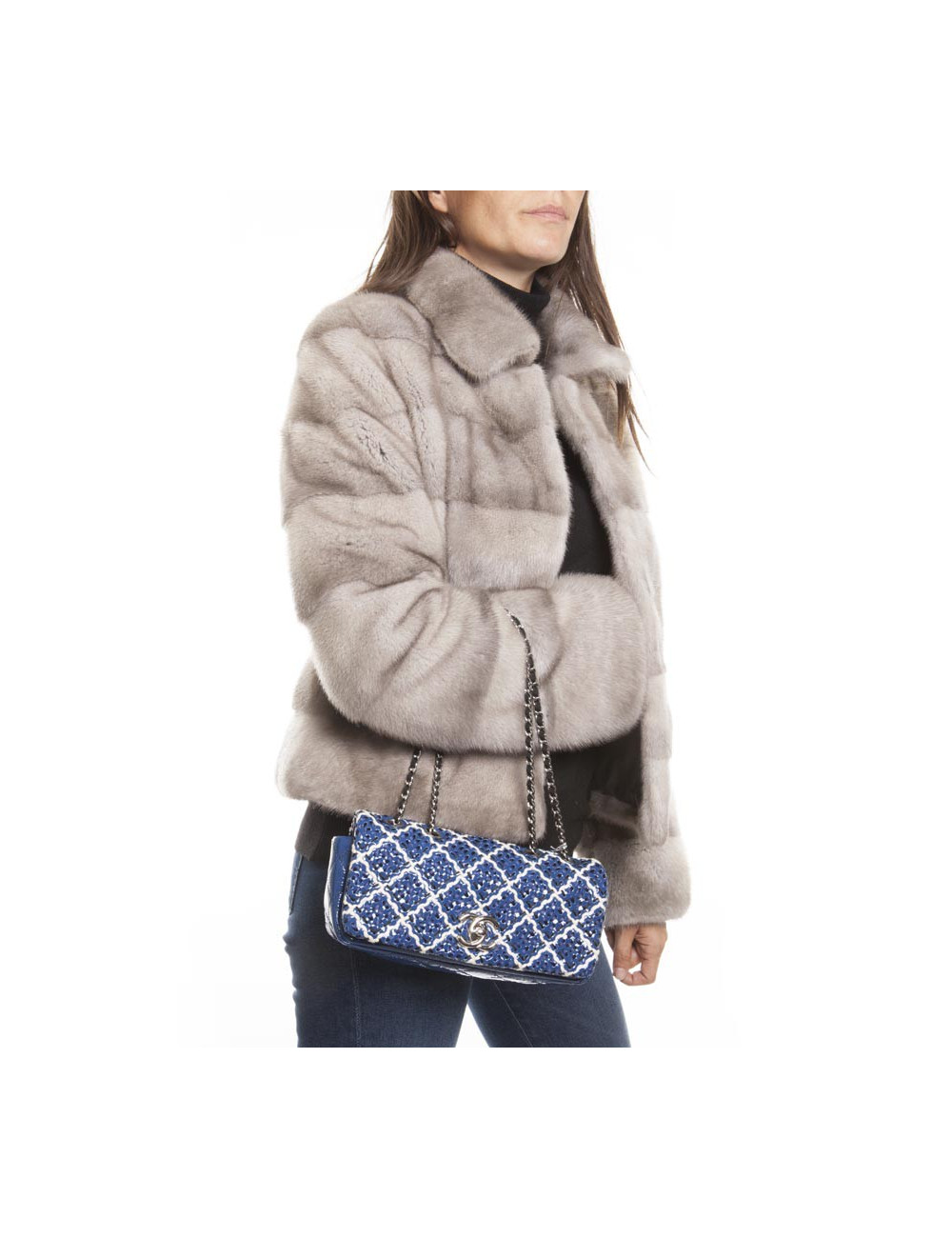 Sac baguette CHANEL cuir verni bleu et noir