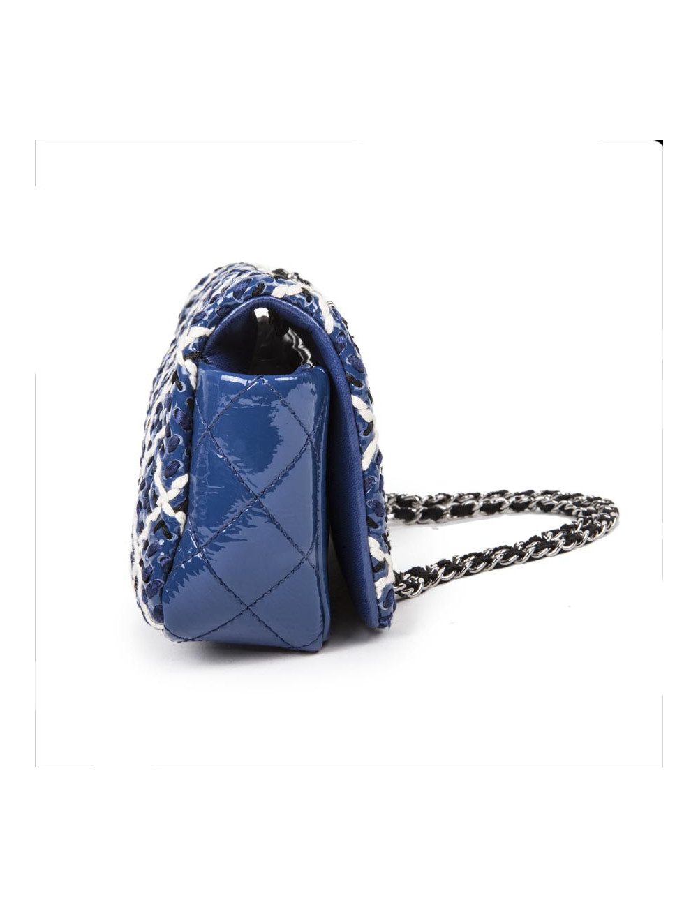 Sac baguette CHANEL cuir verni bleu et noir