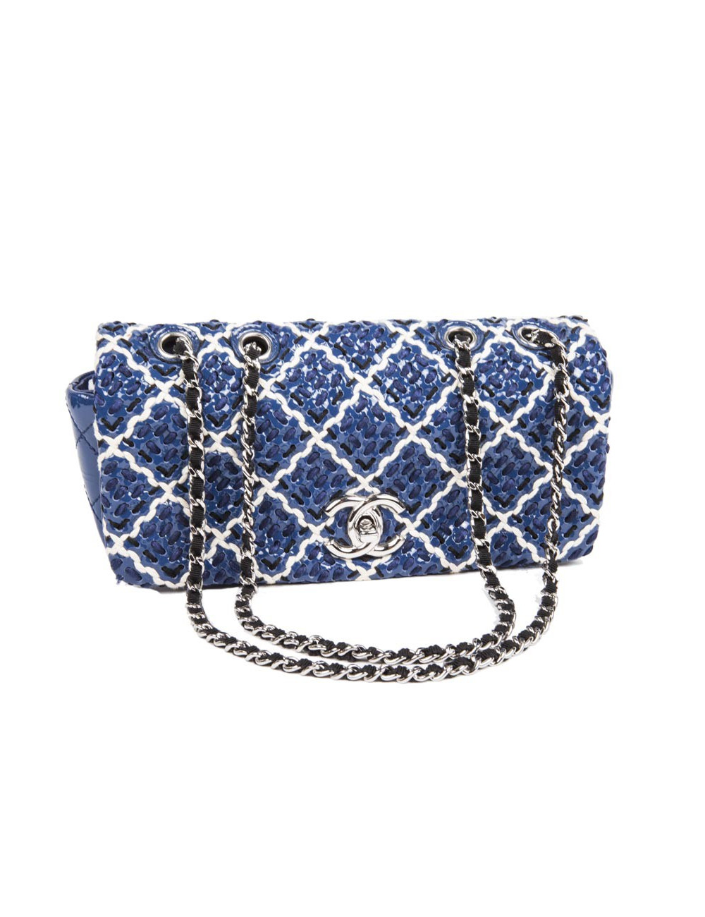 Sac baguette CHANEL cuir verni bleu et noir