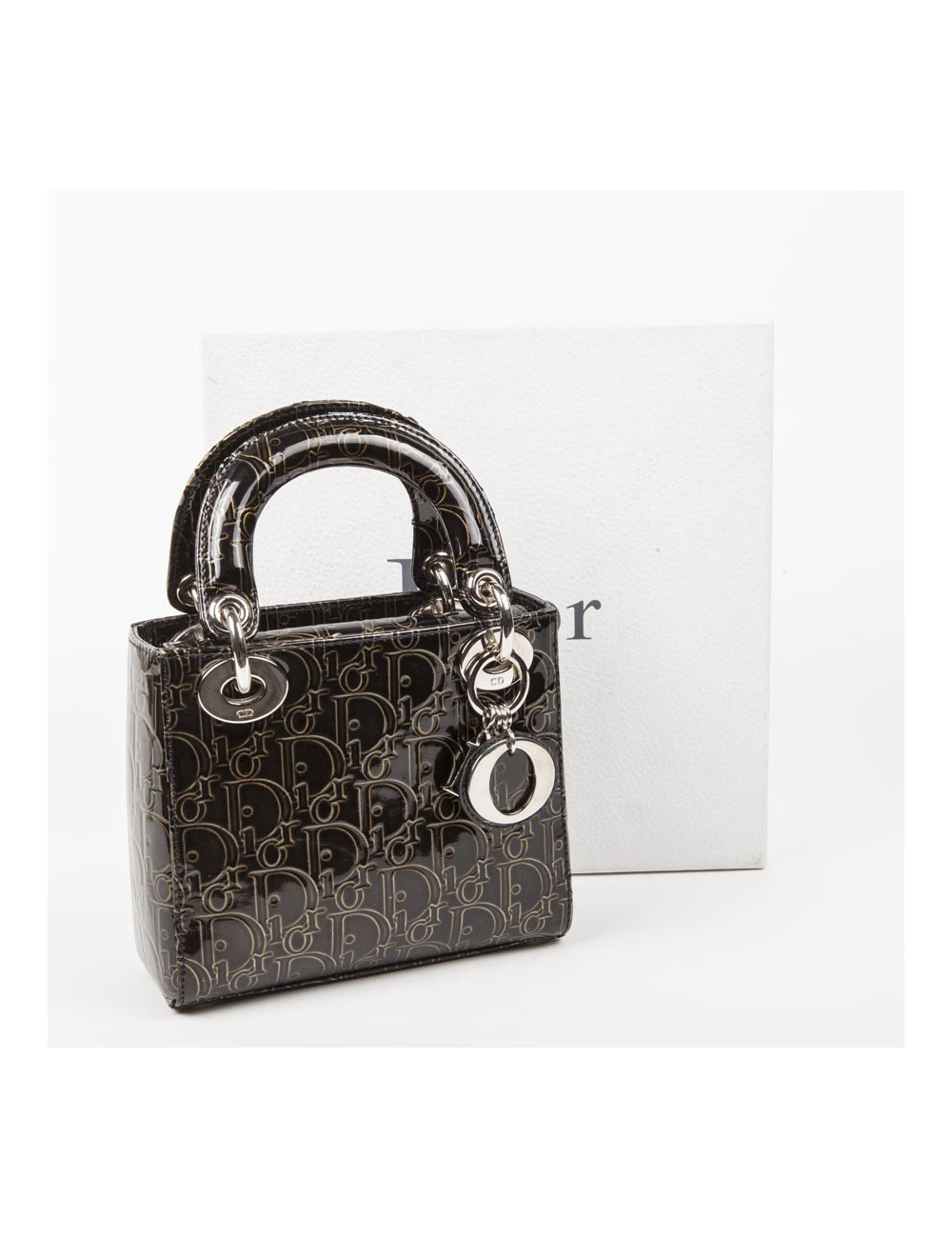 LADY D DIOR collector mini handbag in brown patent leather with DIOR printed on