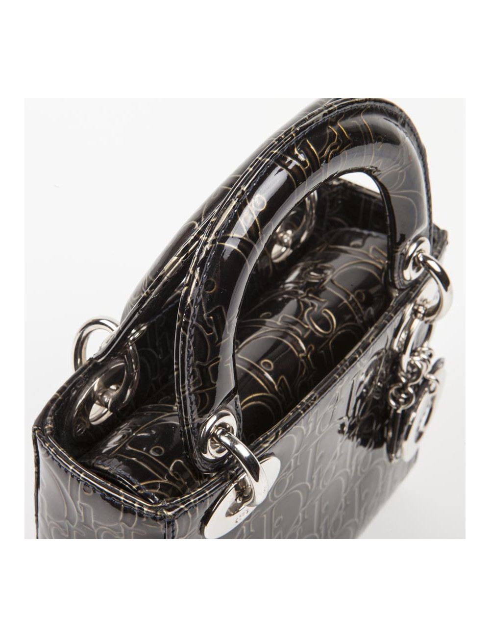 LADY D DIOR collector mini handbag in brown patent leather with DIOR printed on