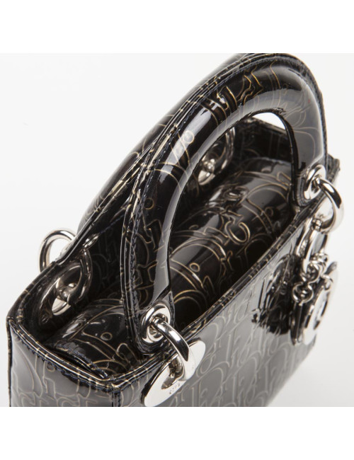 LADY D DIOR collector mini handbag in brown patent leather with DIOR printed on