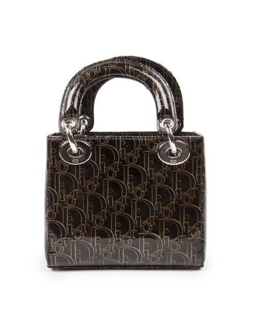 LADY D DIOR collector mini handbag in brown patent leather with DIOR printed on