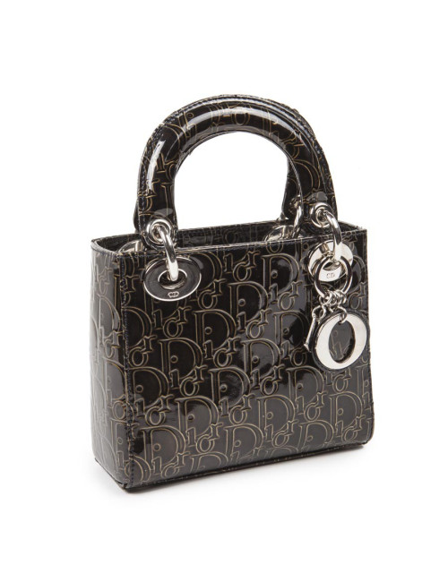 LADY D DIOR collector mini handbag in brown patent leather with DIOR printed on