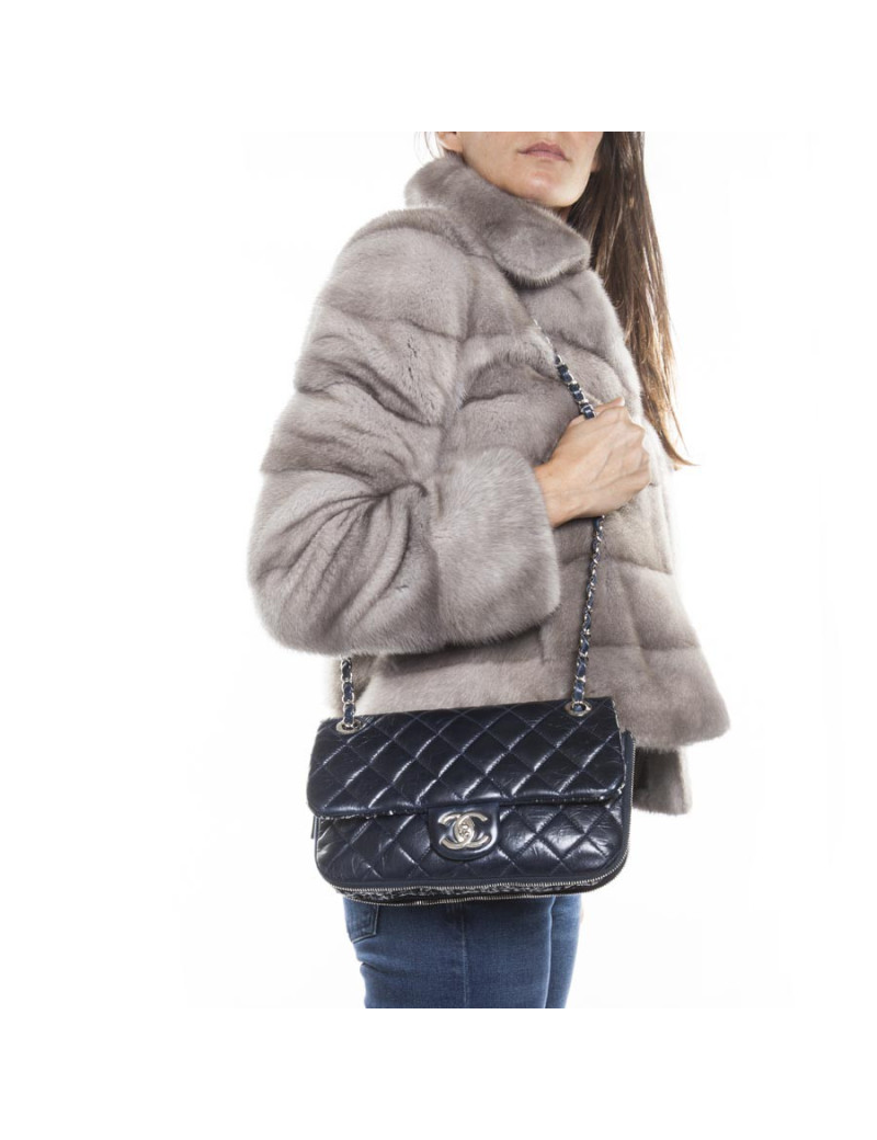 Sac CHANEL Bi-matière cuir et tweed bleu marine