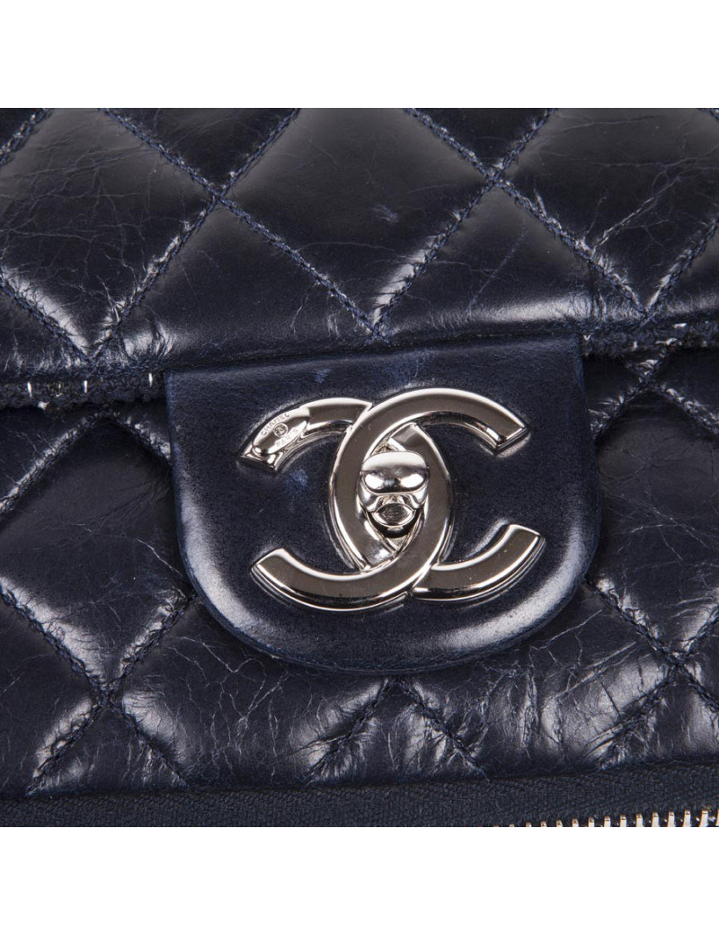 Sac CHANEL Bi-matière cuir et tweed bleu marine